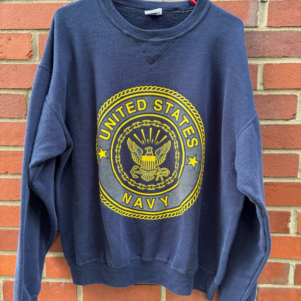 Vintage US Navy Crewneck Blue Yellow Double Sided Pullover USA Made Soffe- L
